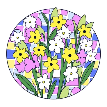 A colorful mosaic featuring multiple honeysuckle flowers in various shades of yellow, pink, and white. The flowers have long, tubular shapes with delicate petals that slightly curl. Surrounding the flowers are green vines with pointed leaves, weaving intricately throughout the mosaic. The background consists of small, colorful tiles in vibrant hues, enhancing the overall appearance of the honeysuckle arrangement.