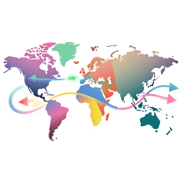 A world map with arrows indicating currency fluctuation between countries