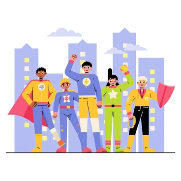 A diverse team of child superheroes is striking heroic poses in a vibrant cityscape. Each child has a unique costume, showcasing bright colors and distinct emblems on their chests. The first child has a red cape and a mask, standing confidently with fists on hips. The second child wears a blue suit with lightning bolt patterns, raising one arm in excitement. A girl in a green outfit with a star emblem holds a shield, while another child in yellow gear and goggles has a determined expression. The cityscape features tall buildings with colorful windows, and a blue sky with fluffy white clouds overhead. The scene conveys a sense of teamwork and adventure.