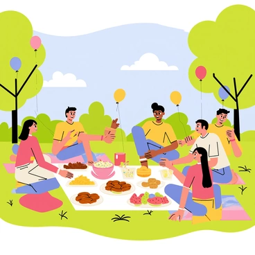 A diverse group of families and friends gathered together in a vibrant park on a sunny afternoon. They are sitting on colorful picnic blankets spread out on the green grass. A large picnic spread features a variety of dishes, including a big bowl of potato salad, juicy slices of watermelon, and a tray of grilled chicken. There are also platters of fresh fruit and a pitcher of lemonade on a nearby table. Children are playing with a frisbee, while adults are engaged in conversation and laughter. The sky is clear blue, and there are a few fluffy white clouds in the distance. Balloons in various colors are tied to nearby trees, adding a festive atmosphere to the scene.