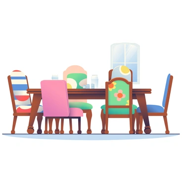 A set of vintage dining chairs with various designs is gathered around an old wooden table. The chairs feature cushions in mismatched floral, geometric, and striped patterns, adding a unique charm to the setting. The table is large and rustic with visible wood grain, displaying a warm brown color. Each chair's legs are elegantly turned, and some have armrests while others are armless. Soft sunlight filters through a nearby window, casting gentle shadows on the table's surface.