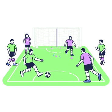 A group of soccer players is practicing on a training field. They are wearing brightly colored practice jerseys, each player in a different style of jersey. The players are engaged in various drills, with one player dribbling a soccer ball while another prepares to receive a pass. In the background, a set of goals is positioned at either end of the field, and a coach can be seen observing from the sidelines. The field is marked with white lines, and cones are scattered around to set up training obstacles.