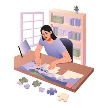 A person is sitting at a wooden table, assembling a jigsaw puzzle. The puzzle is colorful and features an image of a sunny landscape with mountains and a river. The person, a woman with medium skin and shoulder-length brown hair, is focused on the puzzle. She is wearing a light blue blouse and has a few puzzle pieces scattered around her. One puzzle piece is prominently displayed in her hand and is labeled "annuity" in bold letters. The background shows a cozy room with a bookshelf filled with books and a small plant on the windowsill.