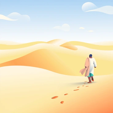 An endless desert stretches across the horizon, featuring giant golden dunes that ripple under the sunlight. The dunes are shaped by the wind, displaying soft curves and shadows that create depth. In the foreground, a lone figure is walking through the sand, leaving footprints behind them. The figure is wearing a flowing, light-colored garment that billows with each step. The sky above is a bright blue with a few wispy clouds scattered throughout. The scene captures the vastness and serenity of the desert landscape.