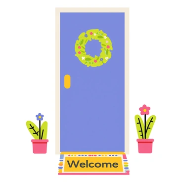 A colorful front door painted in bright blue with a sturdy gold doorknob. The door is adorned with a vibrant green wreath made of assorted flowers and leaves. In front of the door, there is a cheerful welcome mat featuring the phrase "Welcome" in bold letters. The mat has a colorful border with a playful design. Flanking the door are two potted plants with colorful blooms, adding to the welcoming atmosphere.