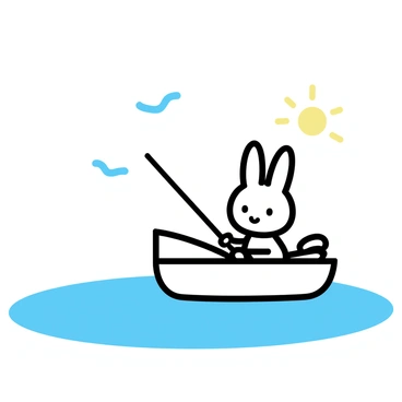 A small boat floating on calm water, occupied by "Miffy", a cartoon character with big ears and a simple smile. She is holding a fishing rod, patiently waiting for a catch. The background features a "sunny sky", with a few white clouds scattered throughout. The scene conveys a peaceful atmosphere, highlighting Miffy's focus on her fishing activity.