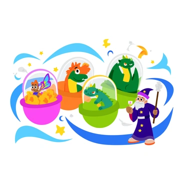 A colorful gacha scene with several transparent capsules, each featuring a different fantasy-themed character. One capsule reveals a small, shimmering fairy with iridescent wings and a joyful expression. Another capsule displays a fierce dragon with vibrant green scales and fiery orange eyes. A third capsule opens to reveal a wise wizard wearing a star-patterned robe and holding a glowing staff. The background is filled with whimsical elements, such as sparkling stars and swirling magical energy, enhancing the enchanting atmosphere of the scene.