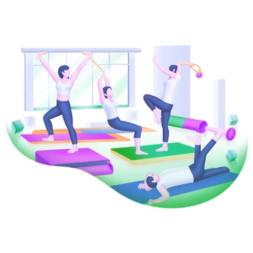 A modern pastel illustration depicting a group of five individuals in a pilates class. Each person is on a colorful mat, performing different exercises. One person is stretching with a resistance band, while another is balanced on one leg with arms raised. Two individuals are lying on their backs, performing leg lifts, and the fifth person is in a seated position, focusing on their breathing. The background is filled with soft pastel-colored exercise equipment, including more mats and a few dumbbells. Bright windows allow soft light to filter into the room.