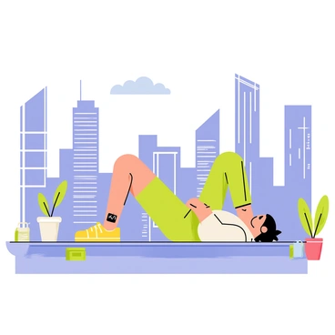 An individual performing glute bridges on a rooftop surrounded by tall skyscrapers. The person is lying on their back, lifting their hips towards the sky, with their feet flat on the surface. The skyline includes various modern buildings with large windows reflecting sunlight. There are a few potted plants and workout equipment like a mat and water bottle nearby, emphasizing the fitness activity taking place in an urban environment. The sky above is clear with a few clouds, suggesting a bright day.