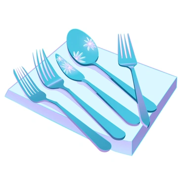 A set of polished silverware arranged neatly on a white tablecloth. The silverware includes forks, knives, and spoons, each gleaming brightly as they reflect sunlight. The tablecloth is smooth and pristine, providing a stark contrast to the shiny metal. The scene captures the intricate details of the silverware, such as floral engravings and a smooth finish. Sunlight cascades across the surface, creating soft highlights and shadows that enhance the elegance of the setup.