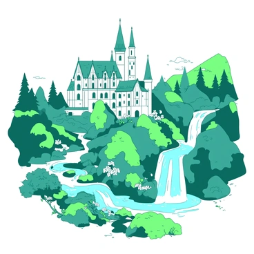 An intricate building with arched windows and tall spires is nestled within a lush green landscape. "Rivendell" is depicted in a blend of white stone and teal details, surrounded by a series of cascading waterfalls that tumble down from rocky cliffs. The water flows gracefully around the architecture, reflecting the sunlight. In the foreground, vibrant greenery and delicate flowers add life to the scene, while mist from the waterfalls creates a soft haze around the elegant structures.