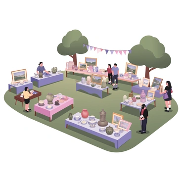 A digital flat illustration depicting an estate auction taking place on a large green lawn. There are multiple tables set up, each covered with various household items. On one table, there are vintage porcelain dishes with intricate floral patterns, alongside an ornate silver teapot and a set of mismatched teacups. Another table showcases a collection of framed paintings, some featuring landscapes and others depicting abstract designs. A third table has an assortment of decorative vases in different shapes and sizes, along with a stack of old books. In the background, a few large trees provide shade, and a banner reading "Estate Auction" is prominently displayed. Several attendees are browsing the items, with one person holding a paddle, ready to bid.