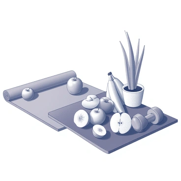 A wellness scene depicting a variety of fruits arranged on a wooden table, showcasing their shapes and sizes, emphasizing their freshness. There are whole fruits like apples, bananas, and oranges, along with sliced pieces revealing their vibrant insides. In the background, a yoga mat is rolled out on the floor, suggesting an area for exercise. A pair of dumbbells rests nearby, indicating a focus on physical fitness. A serene setting is enhanced by a small potted plant placed on the table, contributing to the overall theme of health and well-being.