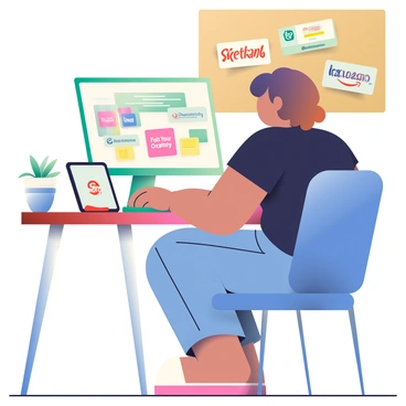 A digital marketer with light skin and short, curly hair is sitting at a modern, wooden desk, focused on a computer screen. She is wearing a black t-shirt and denim jeans. On her desk, there are several colorful sticky notes and a coffee mug with the words "Fuel Your Creativity" printed on it. Next to the laptop, a smartphone displays notifications from various social media platforms. In the background, there are multiple brand logos pinned on a corkboard, showcasing her current projects. A small succulent plant sits on the edge of the desk, adding a touch of green to the workspace.