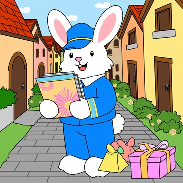 A playful cartoon bunny with fluffy white fur and large floppy ears is dressed as a postman, wearing a bright blue uniform and a little postman’s cap. The bunny is standing on a cobblestone path in a cheerful village filled with quaint, colorful houses. In its paws, the bunny holds a stack of brightly decorated Easter cards with vibrant pastel colors and floral designs. Nearby, there are several parcels wrapped in colorful paper with ribbons. The bunny has a joyful expression, with its big eyes sparkling, as it prepares to deliver the cards and parcels to the excited villagers, who can be seen peeking out of their doors. Bright spring flowers bloom along the path, adding to the festive atmosphere.