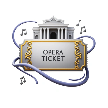An elegant opera ticket featuring intricate designs in gold and silver. The ticket prominently displays the words "Opera Ticket" in a sophisticated font. In the background, a grand opera house with towering columns and an ornate facade is visible. Surrounding the ticket are flowing musical notes in various sizes, elegantly swirling around the edges. The overall composition conveys a sense of refinement and artistry.