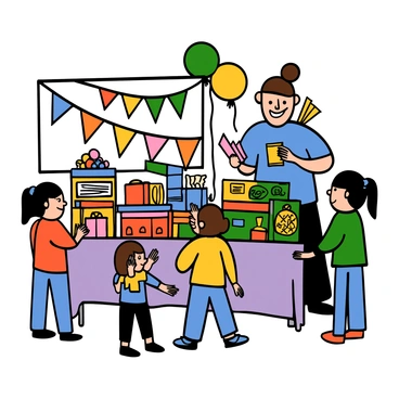 A friendly volunteer with light skin and short brown hair is smiling while selling raffle tickets at a school event. They are wearing a bright blue t-shirt and blue jeans. The volunteer is standing behind a table covered with various raffle items. In the background, there is a colorful backdrop featuring balloons and banners that add a festive atmosphere to the scene. The volunteer is holding a stack of raffle tickets in one hand, engaging with children and parents who are approaching the table.
