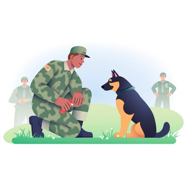 A soldier with medium skin and short brown hair is in a grassy field, wearing a camouflage uniform and a cap. He is kneeling on one knee, looking intently at a medium-sized German Shepherd dog in front of him. The dog has a shiny black and tan coat and is sitting attentively, ears perked up. The soldier holds a red toy in his right hand, using it as a reward. Behind them, there are patches of wildflowers and a clear blue sky above. In the background, other soldiers can be seen observing the training session.