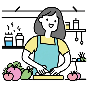 A woman with long brown hair, wearing a light green apron, is chopping fresh vegetables on a wooden cutting board. She is surrounded by an assortment of colorful fresh ingredients, including ripe tomatoes, green bell peppers, and fragrant herbs. In the background, there are rustic wooden shelves filled with jars of spices and utensils. The kitchen has exposed wooden beams and a warm color palette, creating a cozy atmosphere. Natural light filters through a window, highlighting the vibrant colors of the ingredients.