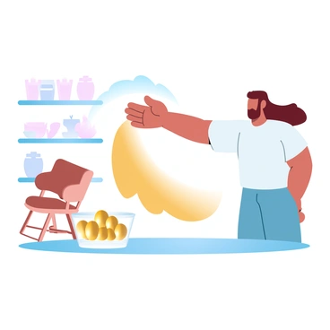 A person is reaching out to touch various objects in a room. As their hand makes contact, the objects are transforming into gold. A wooden chair is turning into a golden chair, and a nearby fruit basket is becoming filled with shiny golden fruits. The person is wearing simple clothing and has an expression of surprise as they witness the transformation. In the background, there are shelves filled with more items, hinting at the potential for further gold conversions. A soft light illuminates the scene, enhancing the golden hues of the objects.