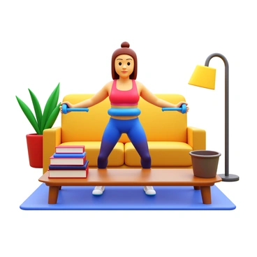A person performing lateral raises with resistance bands in a cozy living room. The individual is wearing workout clothes, and the resistance bands are secured to a sturdy object for support. The living room features a soft sofa, a coffee table with books, and warm lighting from a floor lamp. There are houseplants in the background, adding a touch of greenery to the space. The person has a focused expression, emphasizing their workout routine.