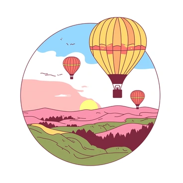 A group of yellow and orange hot air balloons are floating high above an expansive American landscape. The sky is painted with soft hues of pink and blue as the sun rises on the horizon. Below, the landscape features rolling hills and patches of green fields, stretching out towards the distance. Each hot air balloon has distinct, vibrant patterns, adding a lively touch to the scene. The warm glow of the sunrise reflects off the balloons, enhancing their colors against the clear sky.
