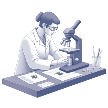 A scientist is peering through the lens of a microscope. The microscope is positioned on a lab bench cluttered with various scientific instruments and papers. Under the microscope's lens, a detailed view of a beetle is visible, showcasing its intricate exoskeleton and fine antennae. The beetle's features are magnified, revealing patterns and textures that are not easily seen with the naked eye. The scientist is wearing a lab coat and safety goggles, focusing intently on the specimen. Additional lab equipment, such as petri dishes and a set of tweezers, can be seen in the background.