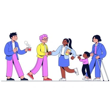 A chain of diverse individuals in a minimalistic cartoon style, each engaging in an act of kindness. The first person, a woman with dark hair, is handing a cup of steaming coffee to a man wearing glasses. The man smiles as he receives the coffee. Behind him, another person, a young girl with pigtails, is giving a small bag of snacks to an elderly man with a cane. Another individual, a businesswoman in a suit, is helping a child tie their shoelaces. Each person is depicted in a bright color palette, creating a cheerful atmosphere.