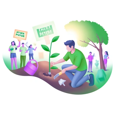 A modern pastel illustration showing a leader kneeling on the ground and planting a young tree in rich, brown soil. The leader is wearing a green shirt and is focused on the task, demonstrating care and dedication. Around them, there are small tools like a trowel and a watering can. In the background, a diverse group of people watches, some holding signs that say "Protect Our Planet" and "Green Future." Sunlight filters through the leaves of existing trees, creating a warm, inviting atmosphere.