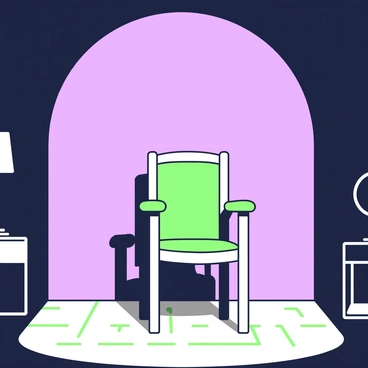 A dimly lit room features a stark wall that displays the "mysterious shadow of an electric chair." The electric chair is positioned in the center of the room, its outlines sharp and well-defined against the surface behind it. The room has minimal furnishings, with hints of a bare floor barely illuminated by an unseen light source. The atmosphere conveys a sense of secrecy, with the shadow offering an unsettling presence. The details of the chair's structure, such as the armrests and head support, are clearly visible in the shadowcast.
