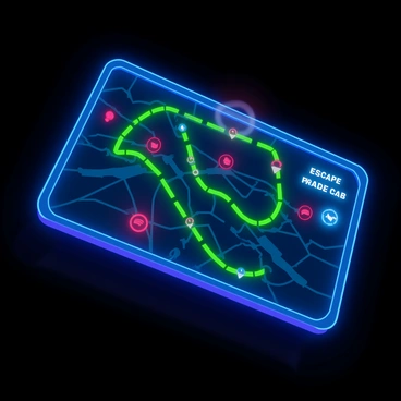 A futuristic holographic map floating in the air, prominently displaying various escape routes in bright, glowing colors. The map features intricate grid lines and digital icons indicating obstacles and safe zones. The background is dark to enhance the vividness of the holographic display. Some routes are highlighted in neon green, while others flash in red to indicate urgency. The map appears to be interactive, with floating markers that can be tapped for more information.