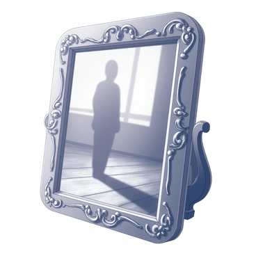 An antique mirror with a decorative, ornate frame covered in dust. The glass surface of the mirror shows a faint reflection of a shadowy figure, which appears to be standing behind the viewer but is not physically present in the room. The surrounding area features wooden floorboards that have aged and worn over time, and the lighting casts subtle shadows, enhancing the eerie atmosphere. The edges of the mirror are adorned with intricate carvings that depict floral designs.