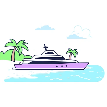 A yacht is anchored near a deserted beach. The yacht is sleek and modern, featuring a polished hull and a spacious deck. The beach has fine, white sand that stretches along the shoreline. The water is crystal-clear, revealing a sandy seabed beneath the surface. In the background, gentle waves lap against the shore, creating a tranquil atmosphere. There are a few scattered palm trees along the edge of the beach, providing shade and a sense of seclusion. The sky above is clear, with a few wispy clouds scattered across it.