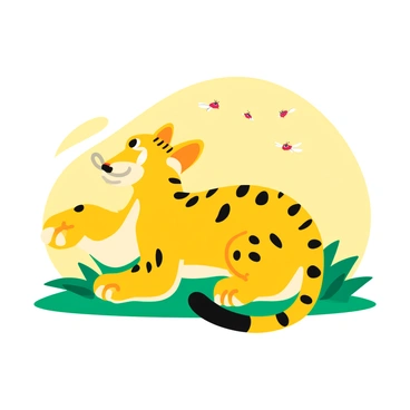 An ocelot with distinct spotted fur playfully batting at a swarm of tiny insects, which are buzzing around in the air. The scene is illuminated by a warm sunbeam that creates a golden glow around the ocelot. The ocelot's ears are perked up, and its eyes are focused on the insects, showcasing its playful attitude. The background features soft greenery, hinting at a lush environment. The tiny insects are depicted as tiny dots, emphasizing their size in contrast to the ocelot's playful movements.