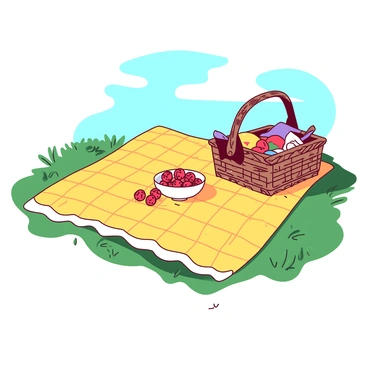 A bright yellow checkered picnic blanket is spread out on lush green grass under a clear blue sky. On top of the blanket, there are plump red raspberries arranged neatly in a small white bowl, surrounded by a few scattered raspberries. Nearby, a wicker picnic basket is partially open, revealing an assortment of colorful snacks. Sunlight casts gentle shadows across the scene, highlighting the vibrant colors of the picnic setup.