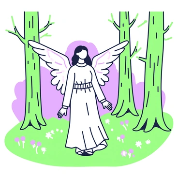 An angel with iridescent wings is walking through a forest shrouded in fog. The angel has a serene expression and wears a flowing white robe that softly drapes around their figure. The wings are large and detailed, extending outward with elegant feathers. Surrounding the angel, tall trees rise, their trunks covered in green moss. The forest floor is carpeted with soft green grass and scattered purple flowers. Wisps of fog weave between the trees, creating an enchanting atmosphere. Light filters through the branches, casting gentle shadows on the ground.
