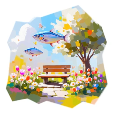 A whimsical garden scene filled with vibrant flowers and lush greenery, where "anchovies" are gracefully swimming through the air like birds. The anchovies have glistening silver scales and are depicted in mid-flight, with their fins outstretched. Various colorful blossoms, such as daisies and tulips, surround the scene, while butterflies flutter among the plants. A small stone pathway winds through the garden, leading to a quaint wooden bench under a flowering tree. The sky above is a bright blue, dotted with fluffy white clouds.