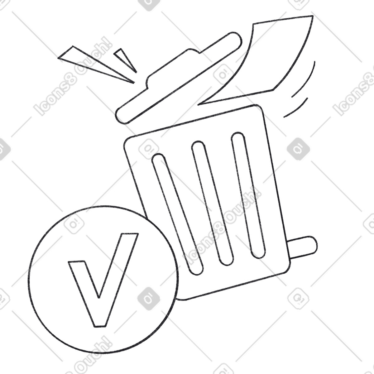 Sheet of paper goes in the trash and next to it is a sign confirming removal illustration Bonbon Line style download PNG, SVG