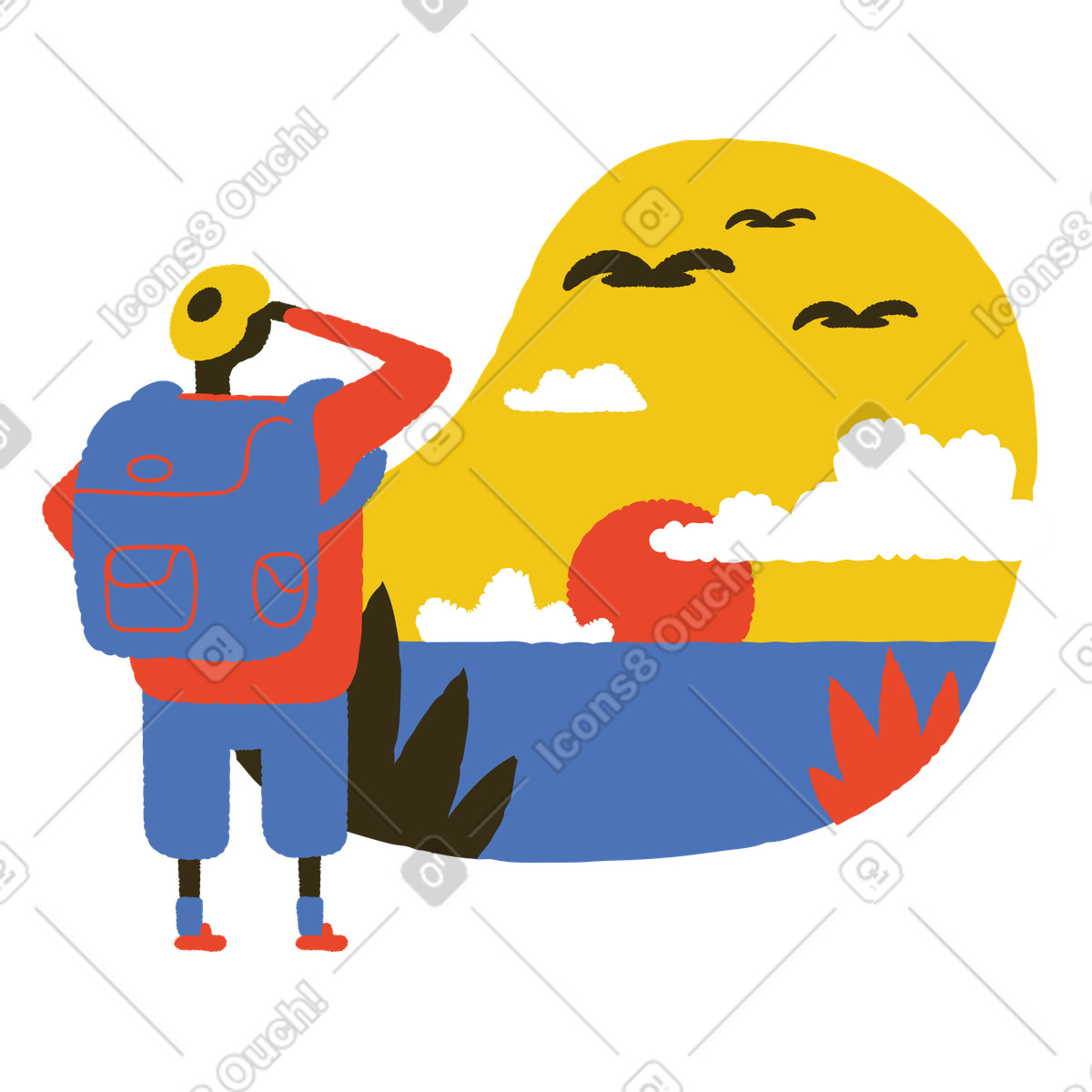 호수에 서서 일몰을 바라보는 배낭여행객 illustration in Bermuda style download in PNG, SVG