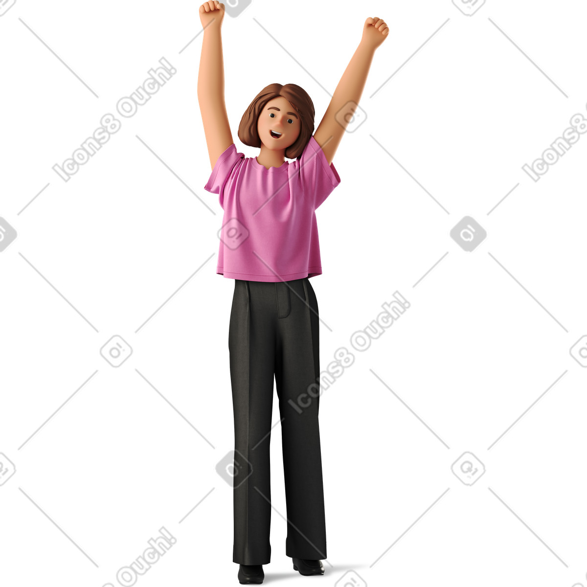 Smiling young woman raised her fists illustration in 3D Business style download in PNG, SVG