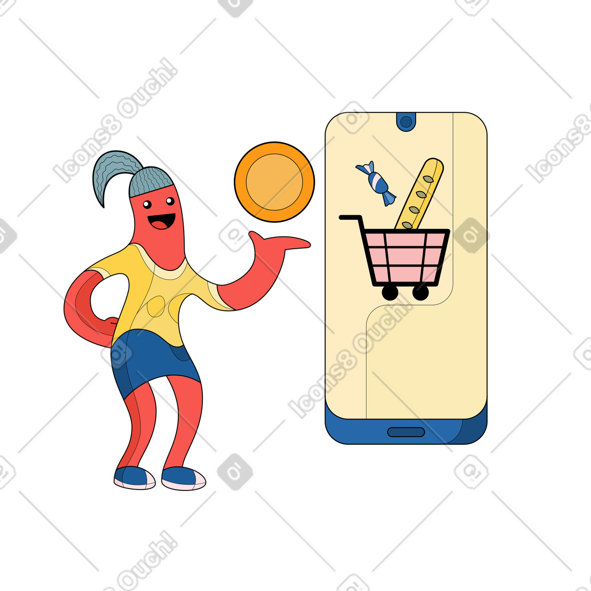 Donna con una moneta che fa shopping online illustrazione in stile Surr scarica in PNG, SVG