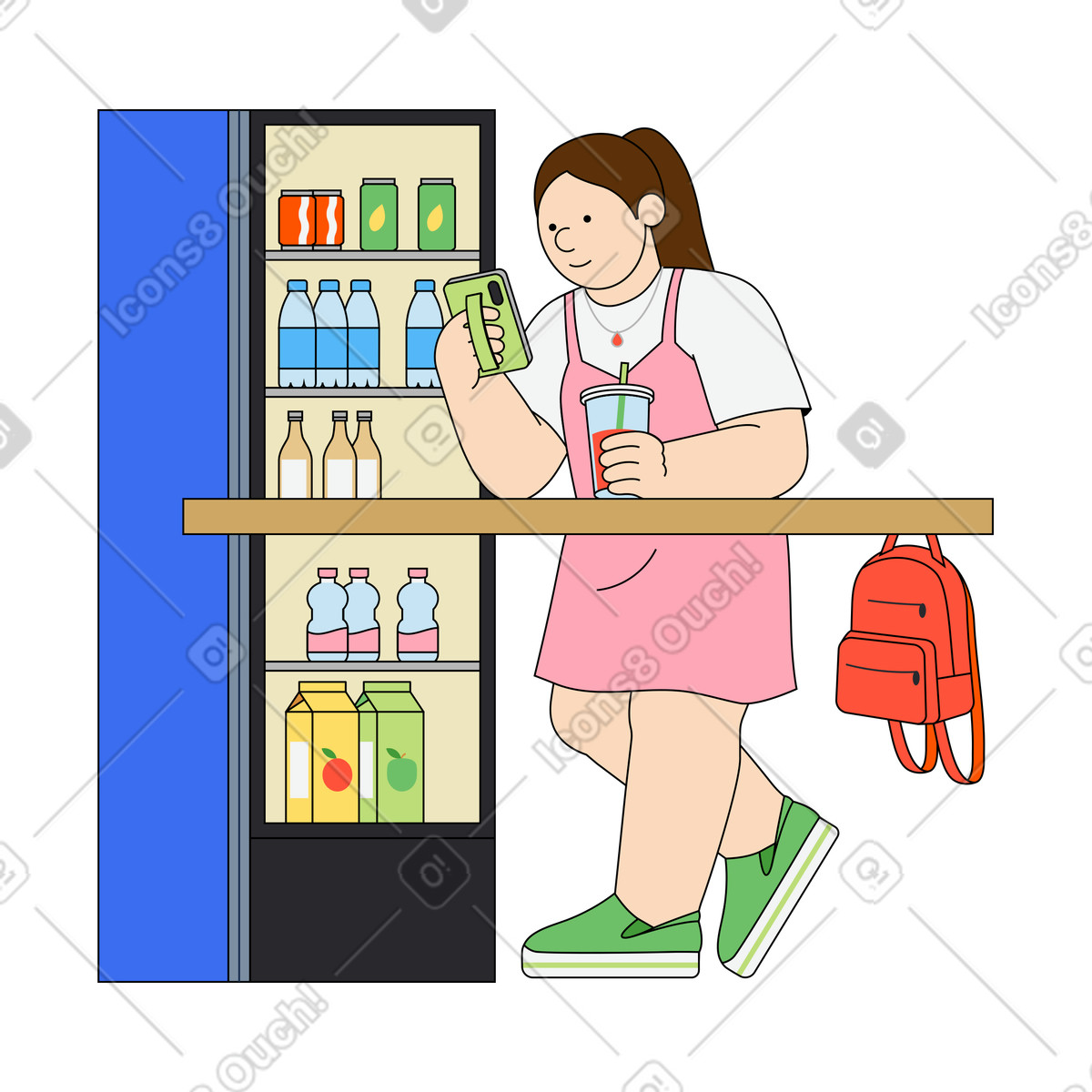 Illustration Savourer une boisson rafraîchissante dans supérette le style Kindy à télécharger aux formats PNG, SVG