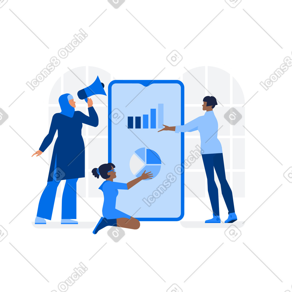 Drei marketerinnen arbeiten an digital marketing-Illustration im Urban-Stil als Download in PNG, SVG
