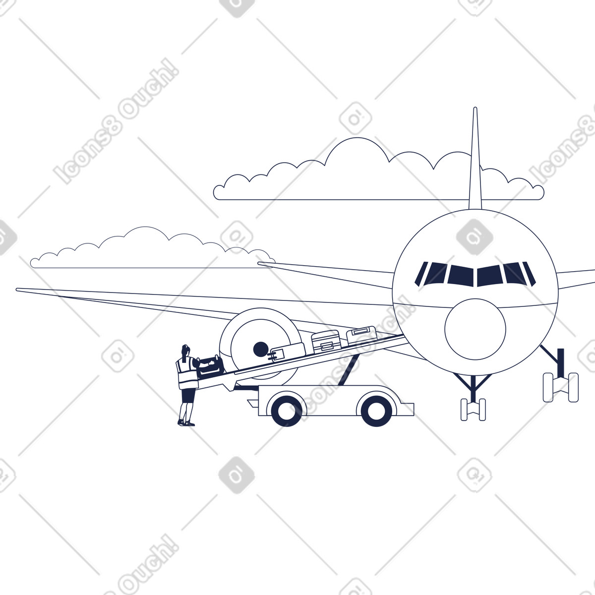 Loading of airplane with baggage, Airport logistics and baggage handling illustrazione in stile Urban Line scarica in PNG, SVG