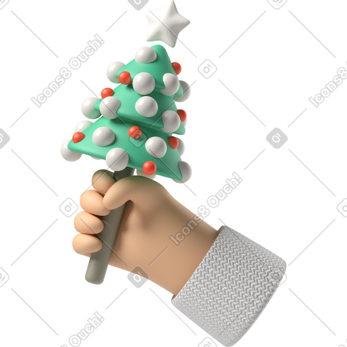 Mano di pelle bianca che tiene un piccolo albero natale illustrazione in stile 3D Hands Fun&Wild scarica in PNG, SVG