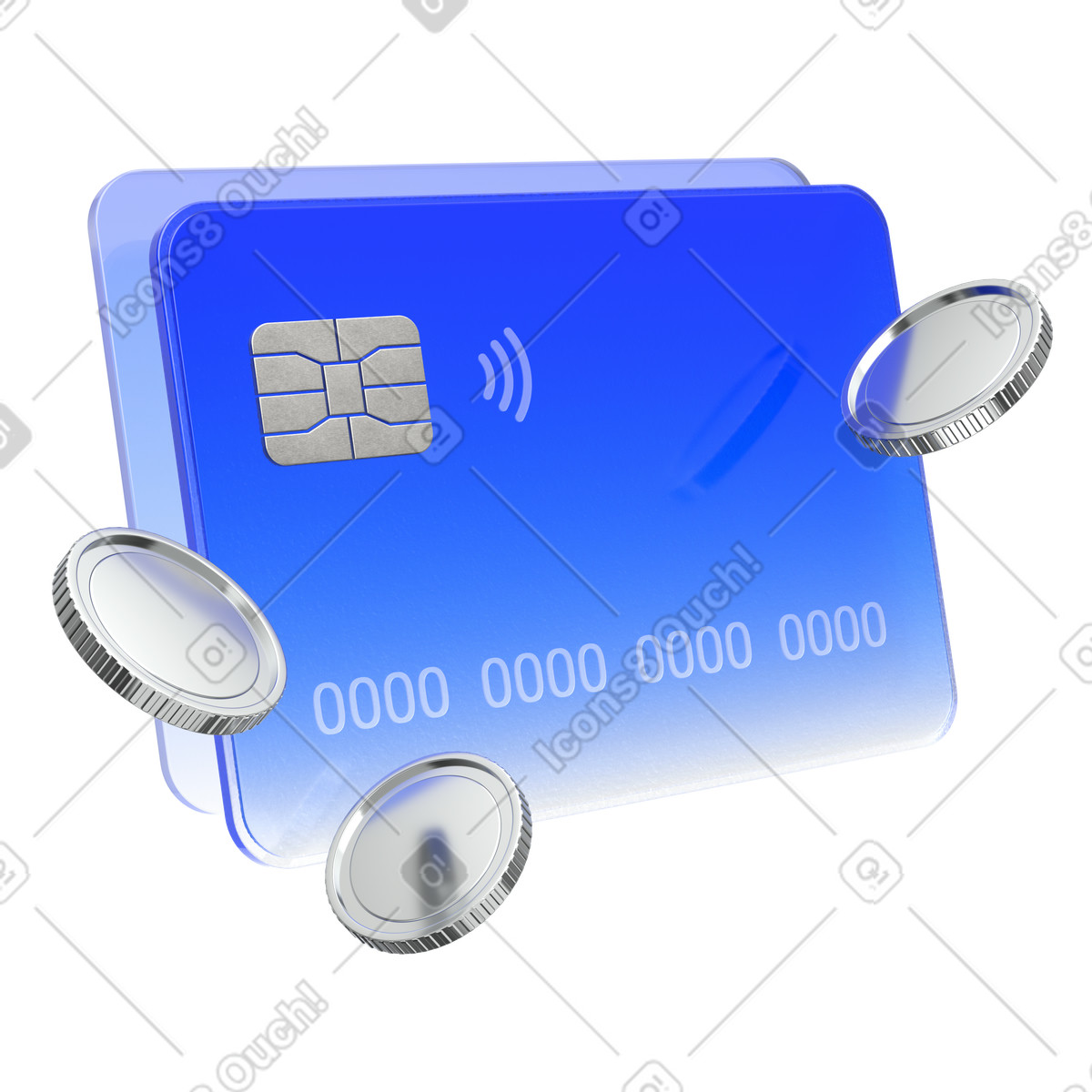 3D Enterprise スタイルの Credit card with silver coins, Online transactions and financess のイラストをPNG、SVG形式でダウンロード