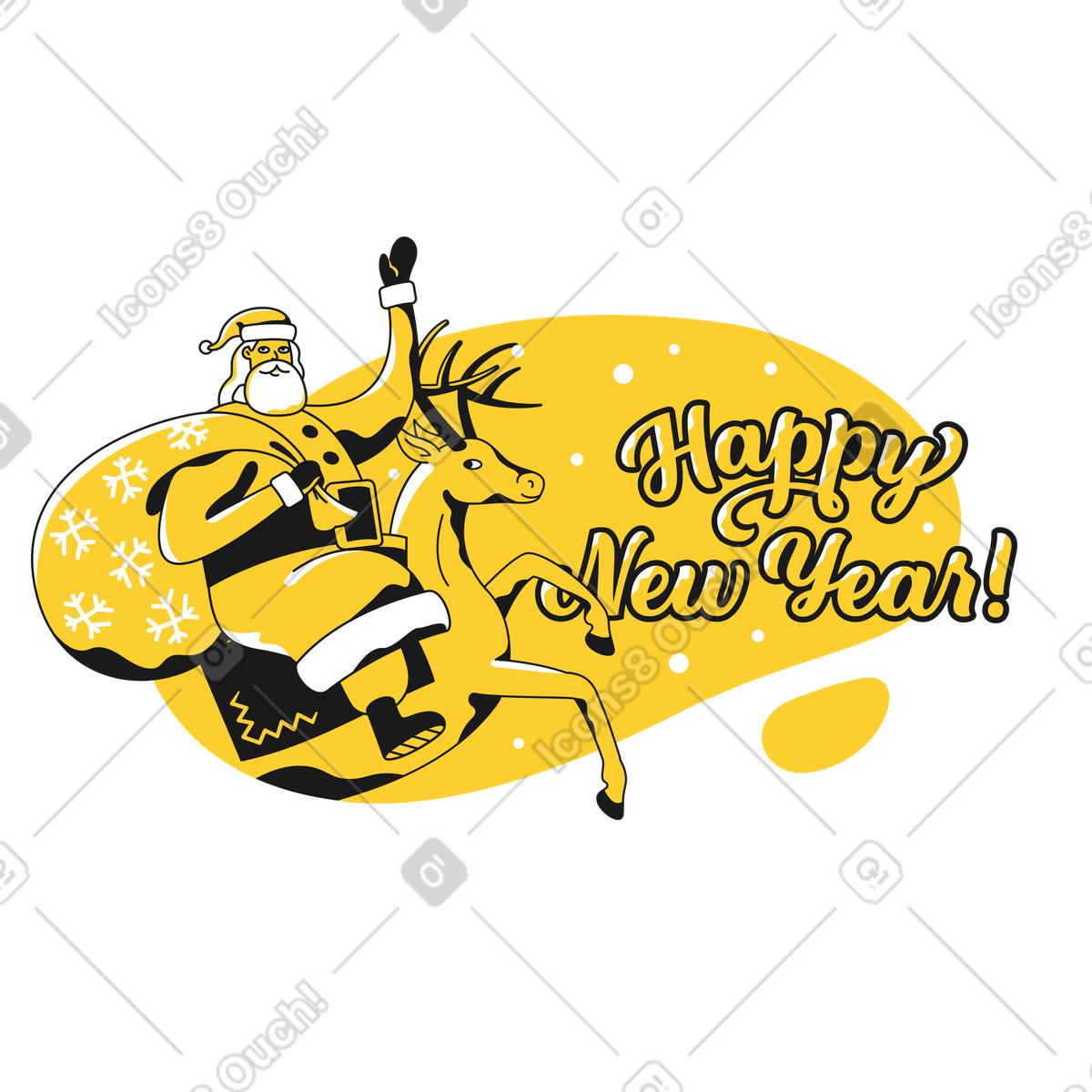 Ilustración Texto de feliz año nuevo y santa con una bolsa regalos en un reno estilo Taxi a descargar PNG SVG