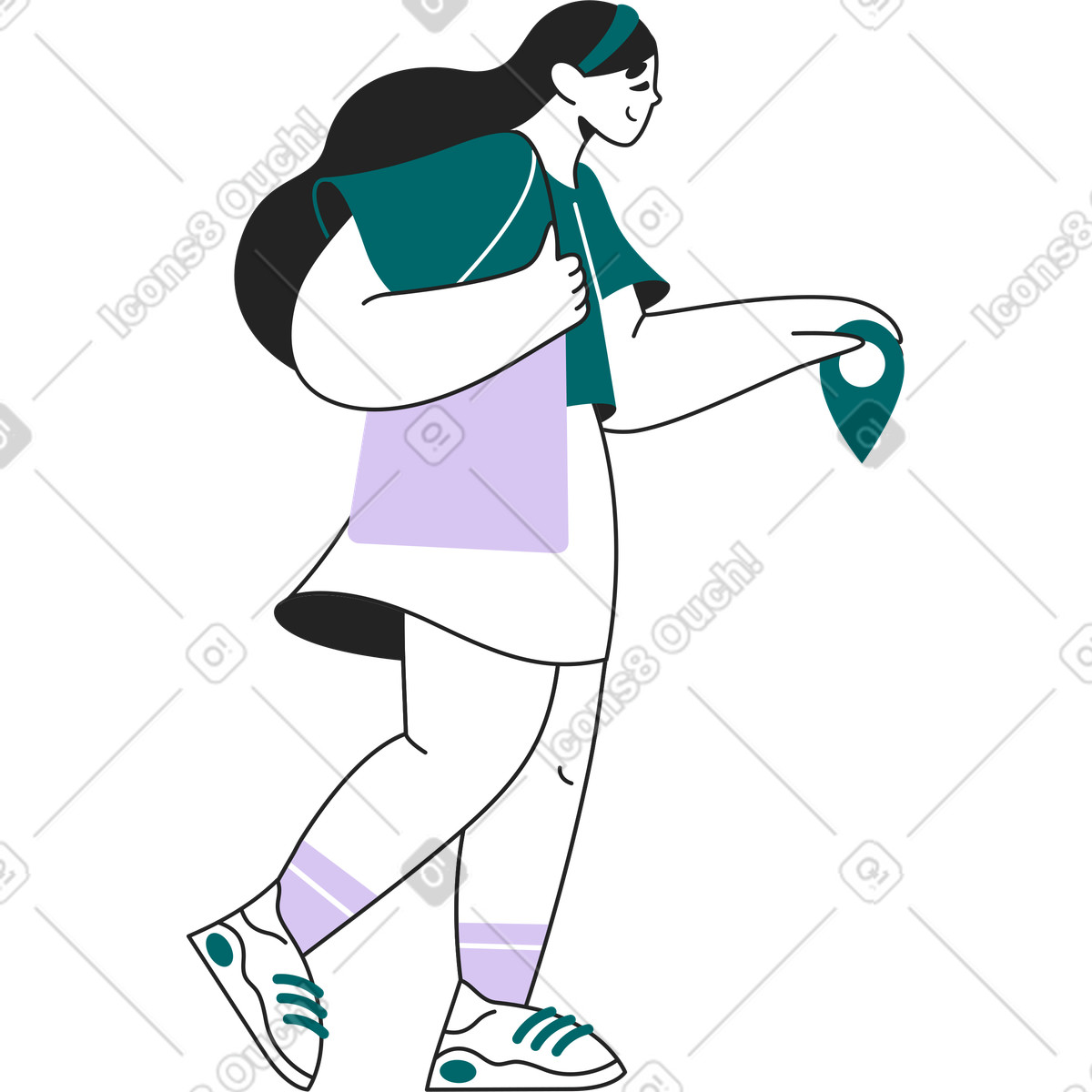 Mädchen mit einem geolocation-symbol in der hand-Illustration im Sammy Line-Stil als Download PNG, SVG