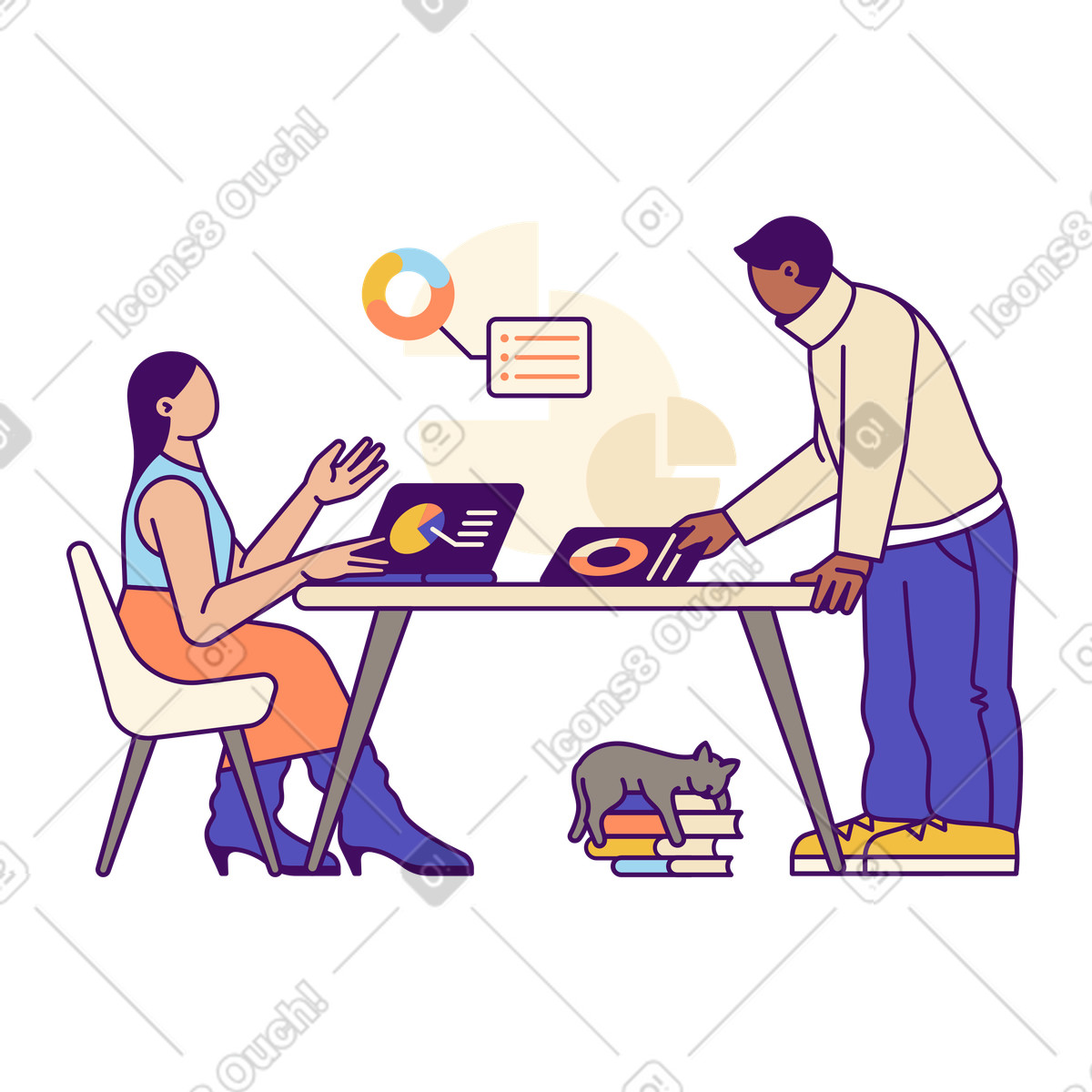 Ilustración Team members reviewing progress together, Collaboration and project planning en estilo Simplistic a descargar en PNG y SVG