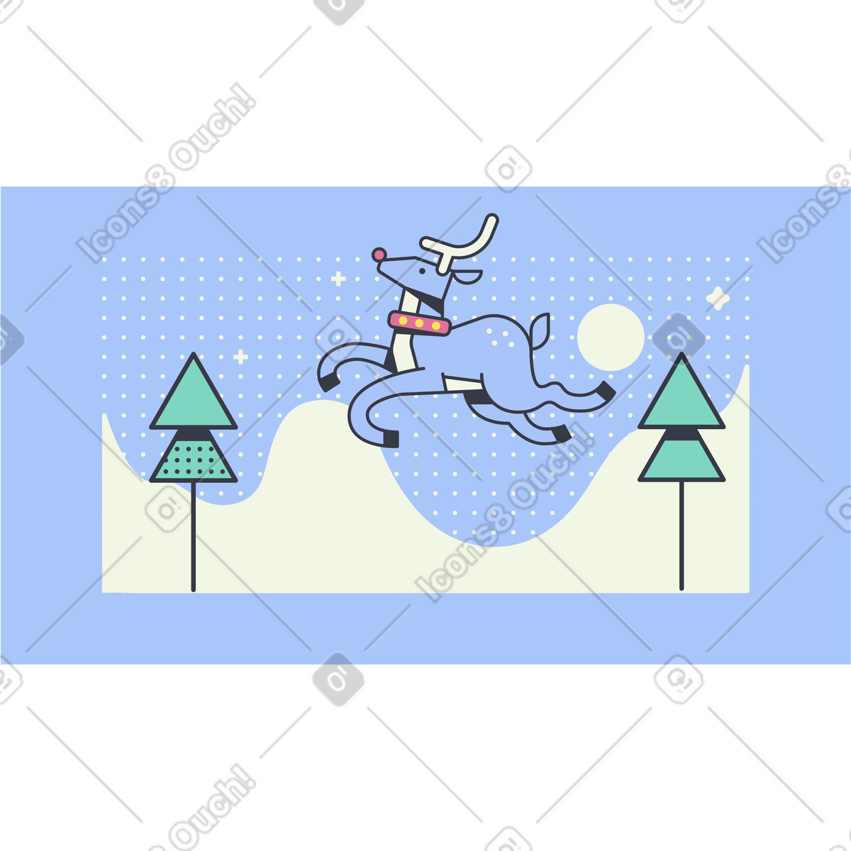 下载 Abstract 风格的 Flying reindeer above snowy pine trees, Christmas holiday scene 插画，支持 PNG、SVG 格式